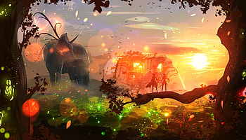 Unicorn wolf, animal, wolf, elf, orange, fantasy, green, couple, unicorn, luminos, creature, lup, sunset HD wallpaper