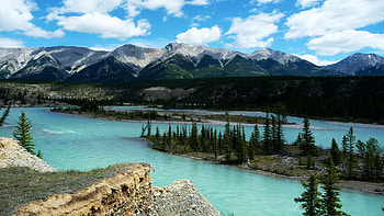 Two O'clock Creek, Central Alberta, landscape, clouds, trees, sky, canada, mountains, water HD wallpaper