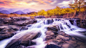 Spring Water Flows, sky, rocks, water, sunset, hills, landscape, colors, cascades, clouds, trees HD wallpaper