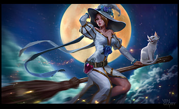 Celeste, night, blue, girl, cat, witch, mushk rizvi, pisica, halloween, moon, fantasy, luna, sky, luminos, hat, cloud HD wallpaper