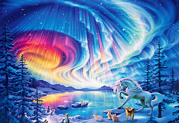 Fantastic Skies, horse, digital, rabbits, snow, colors, trees, aurora, winter, lake, deer HD wallpaper