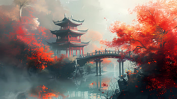 Misty asian scenery with bridge, mist, fog, asian, Japan, Autumn HD wallpaper