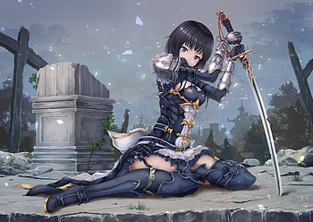 Erika, sweet, black, sword, knight, girl, beautiful, black hair, beauty, anime girl, anime, pretty, snow, ruins, short hair, boots, lovely HD wallpaper