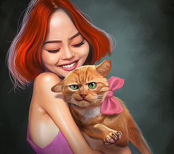 Red gift, art, edward halmurzaev, girl, gift, ginger, pink, pisici, fantasy, luminos, redhead, paw, bow HD wallpaper