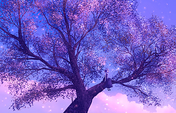 Anime Girl Sitting On Purple Big Tree , anime-girl, anime, artist, artwork, digital-art HD wallpaper