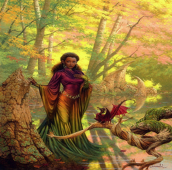 ★Tending the Dragon★, colors, dress, charm, trees, dragon, autumn, fall season, weird things people wear, forests, paintings, beautiful, creative pre-made, love four seasons, leaves, fantasy, pretty, models, girls, lovely, hair HD wallpaper