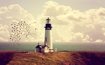 Lighthouse Tower Sea Horizon, sea, lighthouse, rock, sunset, nature HD wallpaper