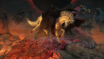 Death riding the unicorn, white, black, art, fantasy, unicorn, death HD wallpaper