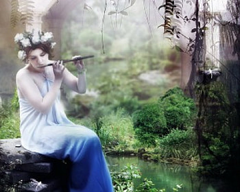 Flute Princess, flute, fantasy, green, flowers, girl, water HD wallpaper