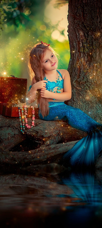 Little Mermaid Girl, nature, tail, cute, beautiful, hair, blue, glowing, , fish, , glow, child HD phone wallpaper