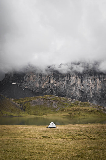 Nature, Grass, Mountains, Rocks, Fog, Tent HD phone wallpaper