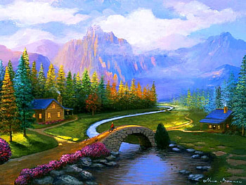 Alain Bonnec, river, art, people, tree, mountain, painting, bike, nature, sky HD wallpaper