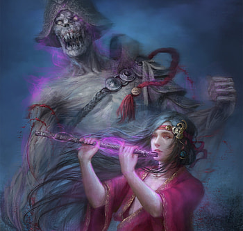 Demon summoner, art, summoner, dark, demon, charodey, flute, girl, purple, alexandra valentine art, instrument, fantasy HD wallpaper
