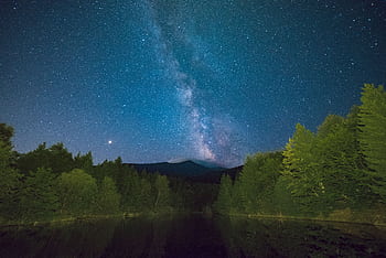 Stunning night sky with Milky Way over a serene forest lake, capturing the essence of nature's beauty. HD wallpaper