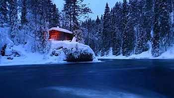 The River Oulankajoki, Oulanka NP, Finland, forest, snow, ice, scandinavia, trees, cabin HD wallpaper