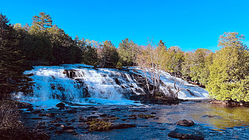 Bond Falls, Ontonagon County, Michigan, sky, river, landscape, trees, rocks, usa HD wallpaper