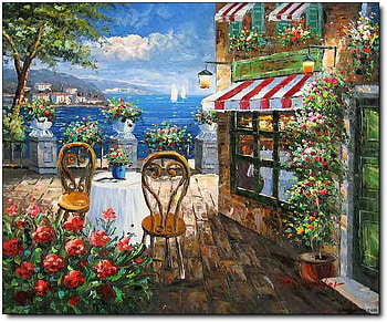 Terrace Cafe, table, quite, serene, gardens, chairs, patio, planters, boats, scenic, store, trees, view, flowers, lovely HD wallpaper