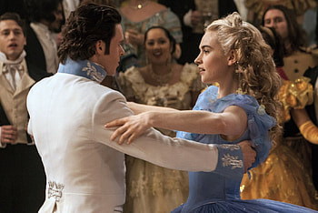 Cinderella (2015), blue, prince charming, blonde, man, Richard Madden, disney, girl, Cinderella, actress, woman, Lily James, fantasy, movie, actor, couple HD wallpaper