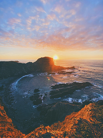 Nature, Sunset, Sun, Rocks, Bay HD phone wallpaper