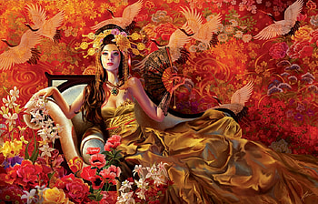 Fantasy girl, sofa, fantasy, red, crane, evantai, girl, orange, asian, bird, hand fan HD wallpaper