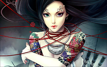 tattoo girl, tattoo, string, girl, brunette HD wallpaper