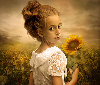 Girl with Sunflower, girl, flowers, fantasy, sunflower HD wallpaper