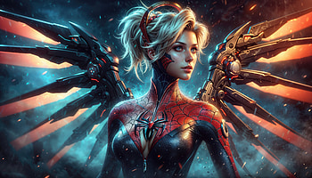 Mercy X Spiderwoman, mercy-overwatch, spider-woman, superheroes, ai-girls, ai, games, artist, artwork, digital-art, deviantart HD wallpaper