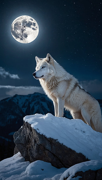 Majestic White Wolf on Snowy Cliff Under Full Moon, Wildlife, Night HD phone wallpaper
