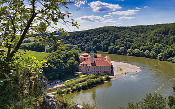 Monastery in Germany, river, clouds, monastery, trees, Germany HD wallpaper