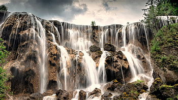 waterfalls, sky, water, rocks HD wallpaper