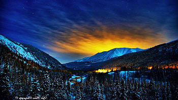 Alaskan Winter Night, usa, hills, colors, landscape, trees, sky, forest HD wallpaper