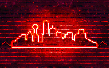 Dallas red neon silhouette, , red neon lights, Dallas skyline silhouette, red brickwall, american cities, neon skyline silhouettes, USA, Dallas silhouette, Dallas HD wallpaper