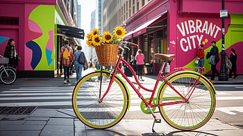 Vibrant Street Life Ultra : Colorful City and Sunflower Bike Scene, bicycle, sunflower, city street, colorful buildings HD wallpaper