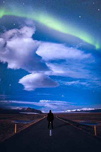 Nature, Road, Markup, Starry Sky, Human, Person, Northern Lights, Aurora Borealis HD phone wallpaper