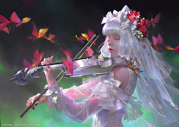 Summer song, frumusete, art, gorgeous, girl, violin, summer, superb, instrument, fantasy, wei feng, flower, wreath HD wallpaper