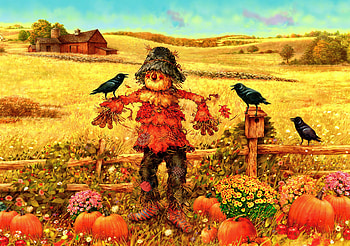 Scarecrow, golden, birds, art, meadow, houses, halloween, holiday, painting, field, fence, pumpkin, funny, village HD wallpaper