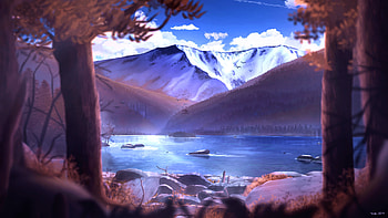 Landscape, Stones, Art, Mountains, Branches HD wallpaper