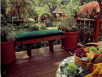 summer porch, bench, table, gazebo, food, basket, urn, yard, porch, flowers HD wallpaper