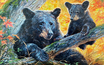 Mama and Baby Bear, artwork, bears, pup, painting, tree HD wallpaper