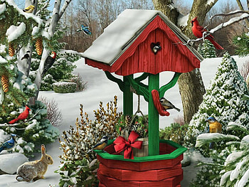 Winter's Wish, artwork, digital, birds, snow, trees, rabbit, well HD wallpaper