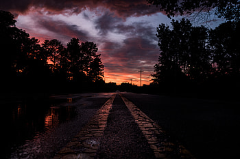 Trees, Sunset, Dark, Road, Markup HD wallpaper
