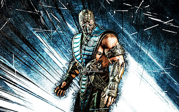 Sub-Zero, grunge art, ninja, Mortal Kombat X, blue abstract rays, Mortal Kombat, Sub-Zero Mortal Kombat HD wallpaper