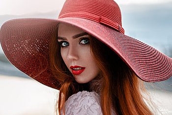 Beauty, model, girl, woman, summer, george chernyadev, pink, face, hope, redhead, hat HD wallpaper