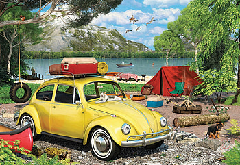 VW Beetle Camping Tin, artwork, car, clouds, trees, sky, tent, nature, lake, painting HD wallpaper