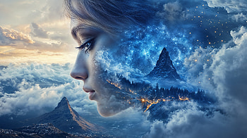 Quad — Surreal Woman of Clouds & Mountain Peak, portrait, woman, cloud, peak, surreal HD wallpaper