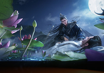 Good-bye, my friend, blue, man, moon, fantasy, couple, luna, water, jianyachi l, lotus HD wallpaper