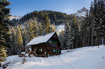 In The Mountains, sky, firs, snow, house HD wallpaper