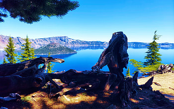 Crater Lake early morning, oregon, landscape, trees, sky, mountains, usa HD wallpaper