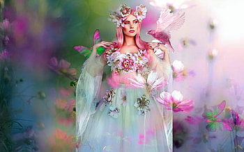 Pink Queen, birld, bright, bold, flowers, girl, queen, colorful, vibrant, butterflies, pink, vivid HD wallpaper
