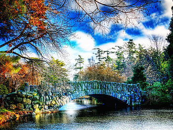 Bridge to Tomorrow, landscape, clouds, trees, bridge, water, reflections, skyscape HD wallpaper